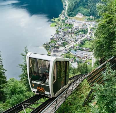 The funicular car on its steep track, the village and the lake far below