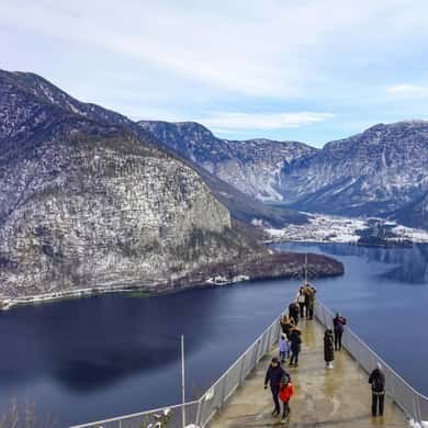 A viewing platform jutting out over the lake in winter